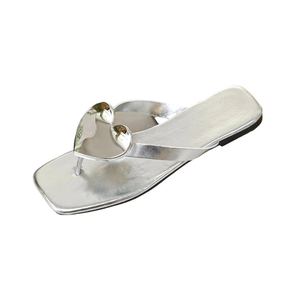 Xfvqtps Womens Flip Flops Flat Thong Sandals Heart Charm Metallic Toe Slide Casual Shoes for Spring Summer Simple Stylish