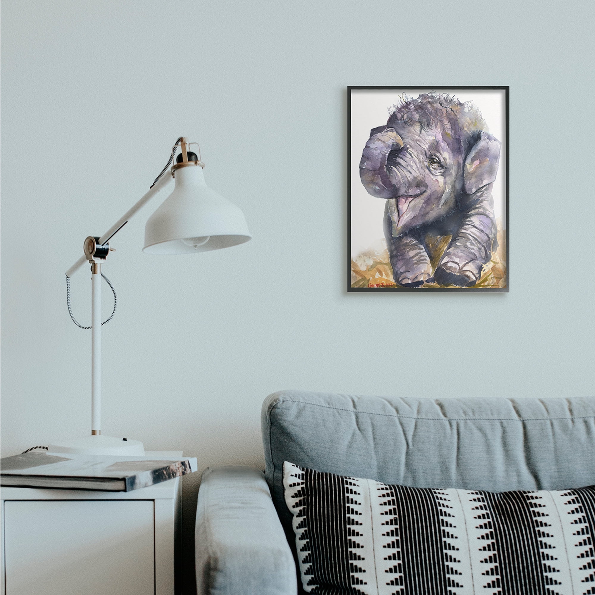 Stupell Industries Baby Elephant Yawning Adorable Safari Animal Portrait Black Framed, 16 x 20, Design by George Dyachenko
