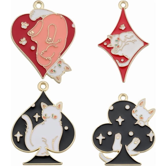 1 Box 24Pcs 4 Styles Cat Charms Bulk Card Charm Enamel Alloy Small Animal Cute Lucky Pet Red Heart Spade Poker Charm for Jewelry Making Charms Supplies DIY Necklaces Bracelets Earrings Adult for DIY