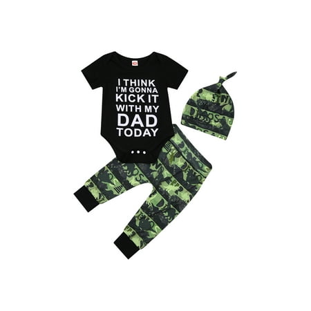 

TheFound Newborn Baby Boys Summer Outfits Letter Print Short Sleeve Romper+Camouflage Dinosaur Print Pants+Hat Clothes