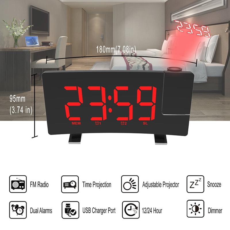 Digital Alarm Clock Projection FM Radio Dimmer LED Dual Alarms W/USB