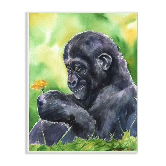 Stupell Industries Baby Gorilla Animal And Flower Green Watercolor Painting Wall Plaque Art by George Dyachenko