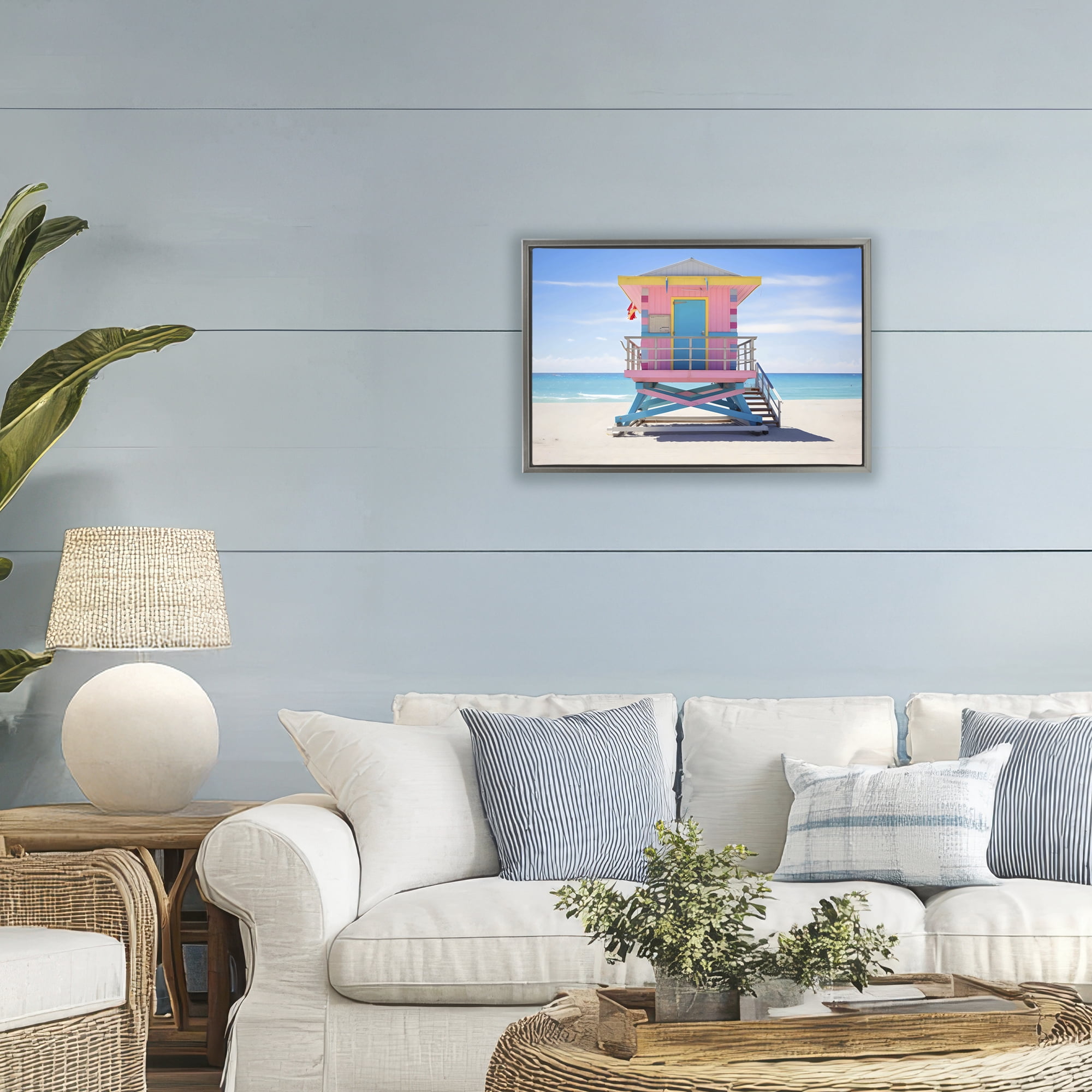 Stupell Industries Pastel Lifeguard Hut on Beach Gray Framed Floater Canvas Wall Art, design by Creative Studio