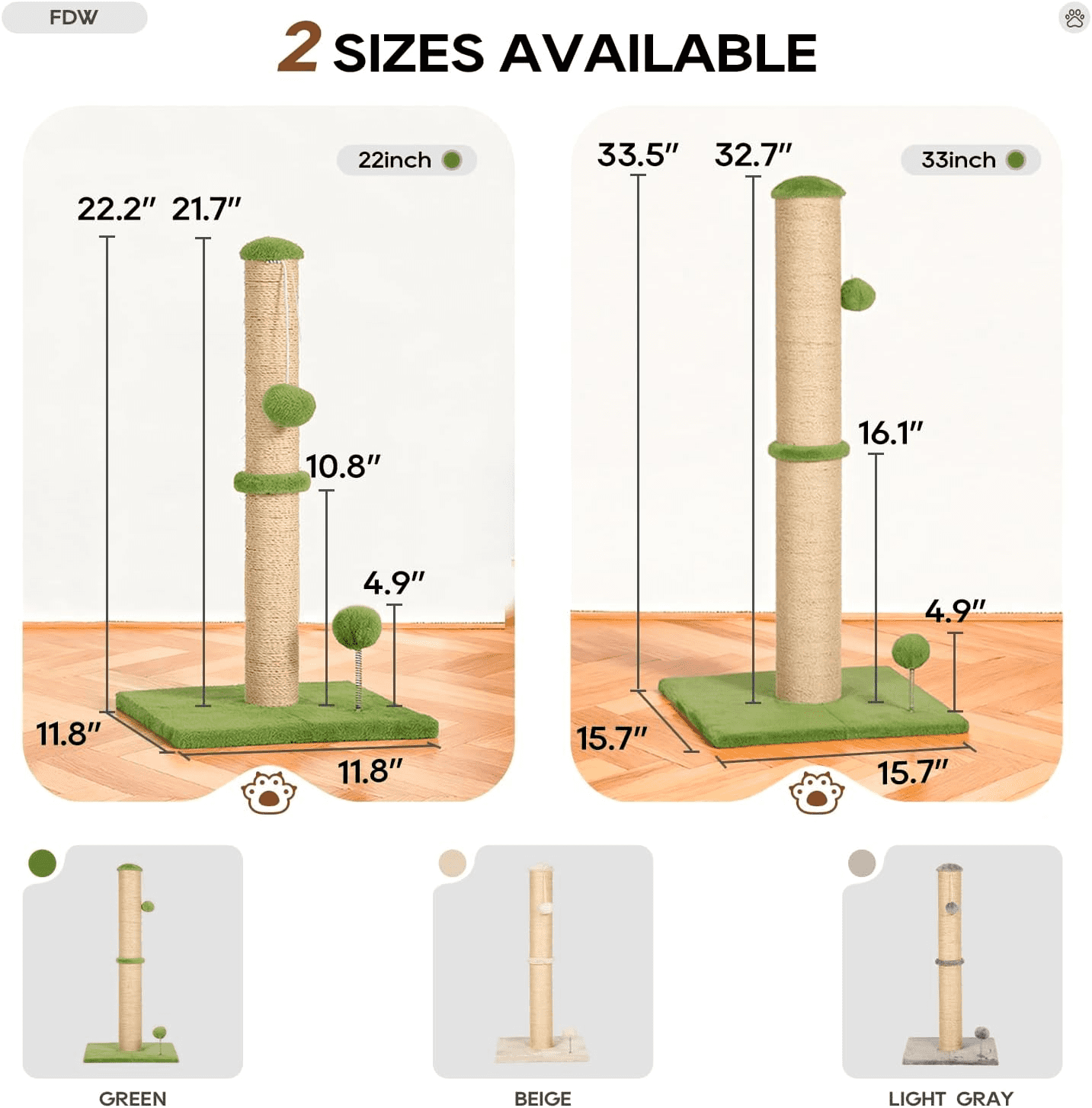 BORGEBY 33 Inch Cat Scratching Post, Natural Sisal Rope Cat Scratcher with Hanging Ball Toy for Indoor Cats and Adults ,Green