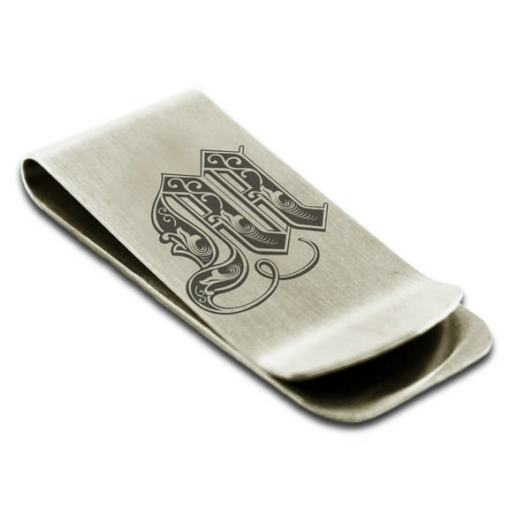 Stainless Steel Letter M Initial Royal Monogram Engraved Engraved Money Clip Credit Card Holder
