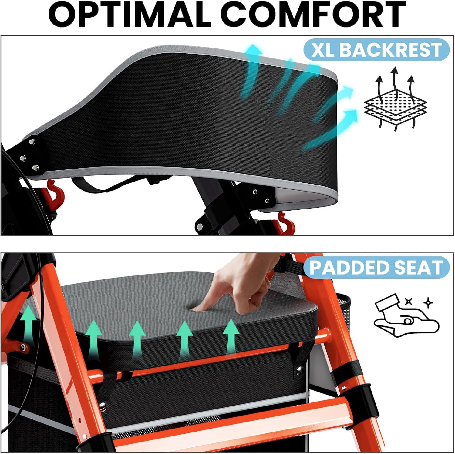 Leumius Foldable Rollator Walkers with Seat for Seniors,18" Big Seat Heavy-Duty Aluminum Rolling Walker with 6-Position Adjustable Height,450lb Capacity