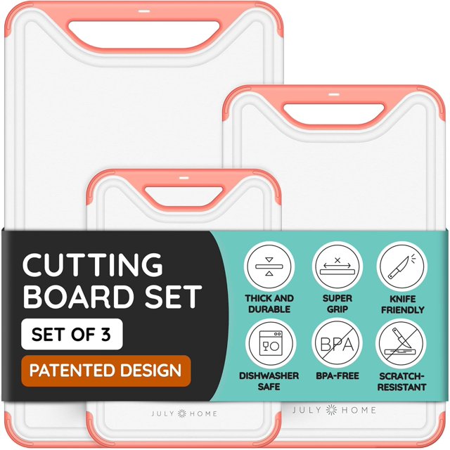 Cutting Boards for Kitchen - Plastic Cutting Board Set of 3, Dishwasher Safe Cutti0ng Boards with Juice Grooves, Thick Chopping Boards for Meat, Veggies, Fruits, Easy Grip Handle, Non-Slip Pink