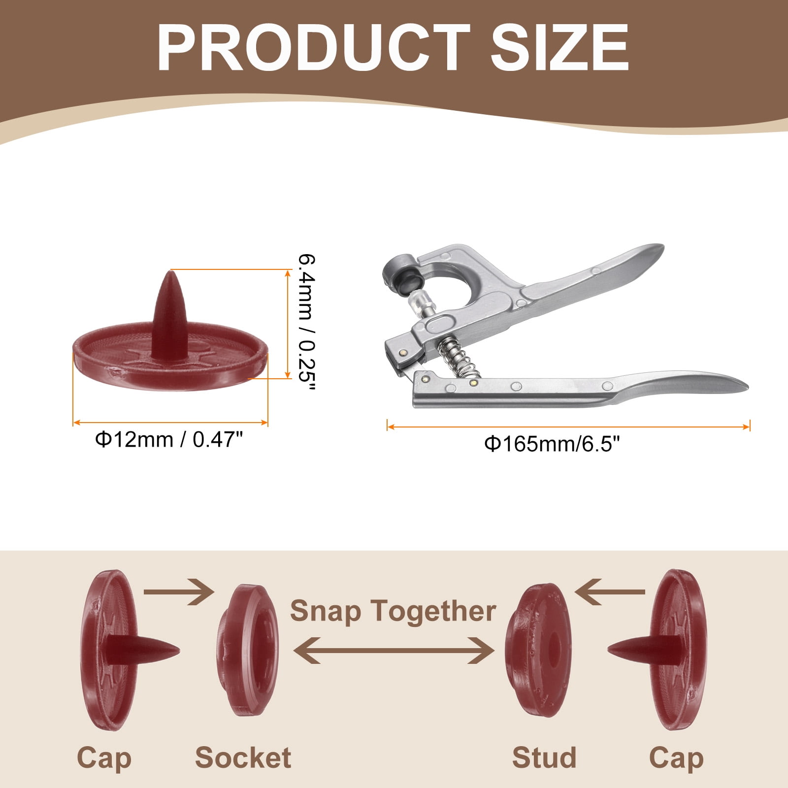 Uxcell Plastic Snaps Fasteners with Snap Pliers, 150 Set T5 Round Resin No-Sew Button Snap Fasteners Kit Brown