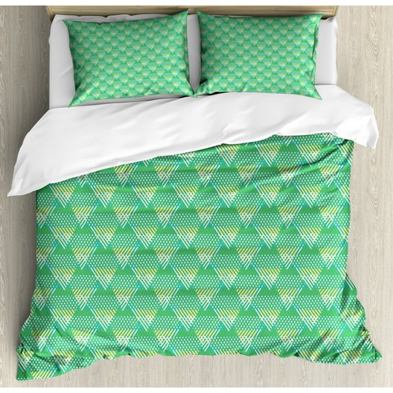 Abstract Duvet Cover Set Queen Size, Striped Triangles 70's Style Inspired Hipster Sportswear Geometric Motifs, Decorative 3 Piece Bedding Set with 2 Pillow Shams, Sea Green and White, by Ambesonne