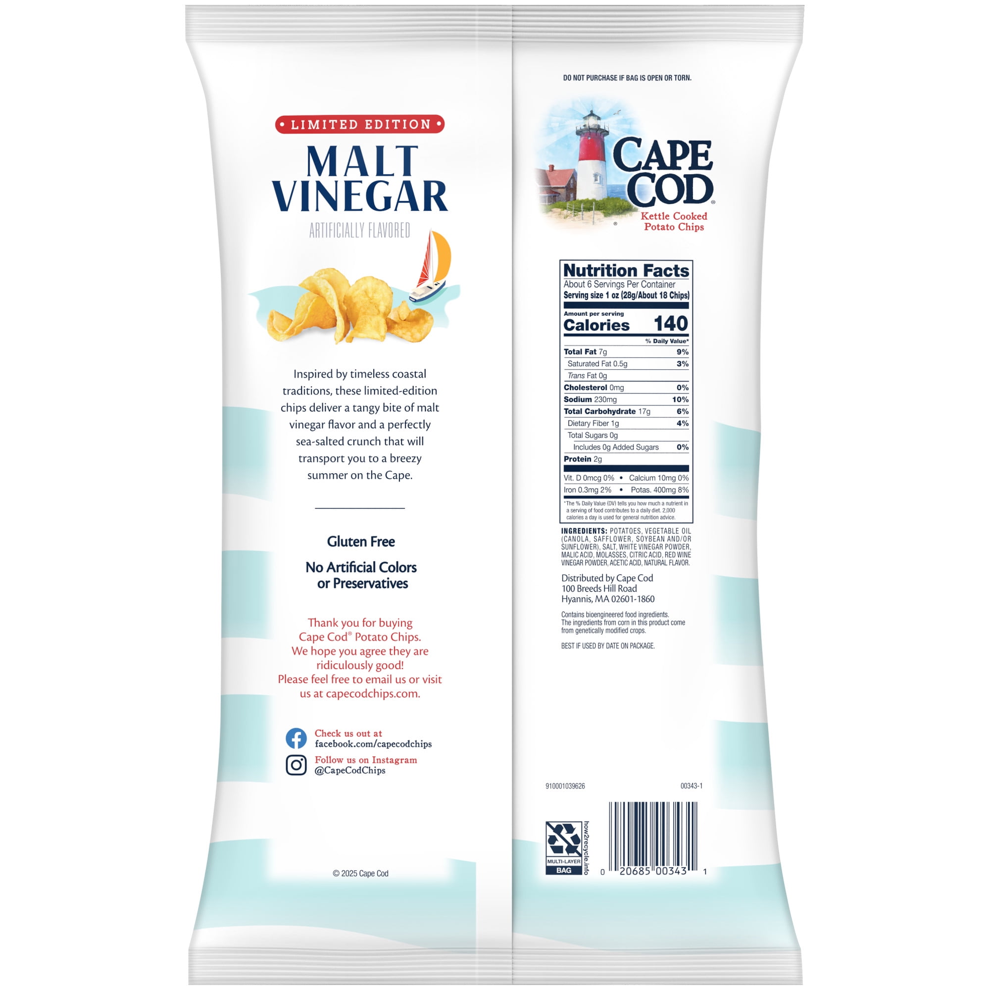 Cape Cod Malt Vinegar Flavored Potato Chips, 6.5 oz Bag
