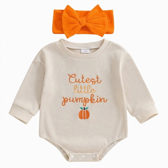mgoYE Newborn Baby Girl Halloween Outfit Cute Little Pumpkin Embroidery Long Sleeve Bubble Romper Sweatshirt Bodysuit(Beige,3-6 Months)