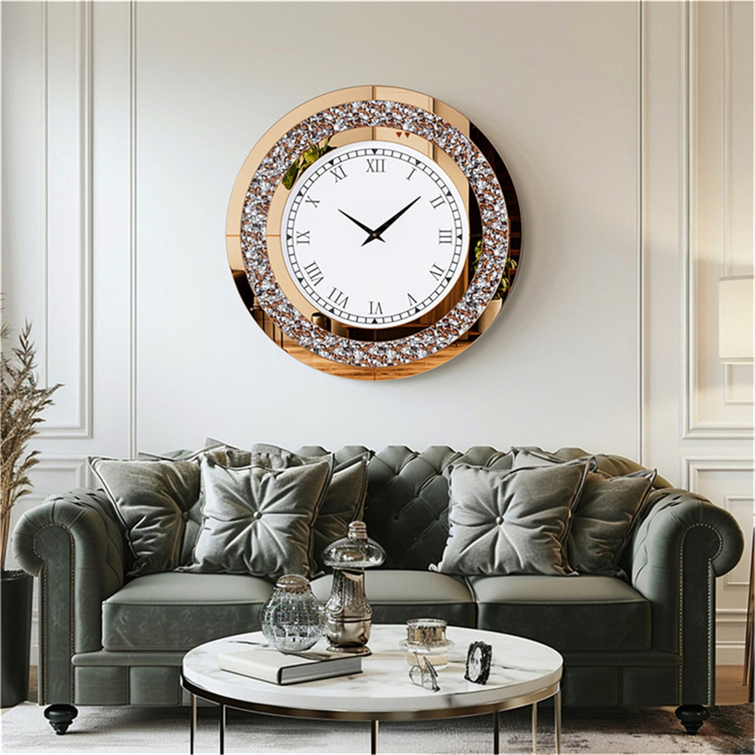 LUVODI 24 inch Rround Crushed Diamond Wall Clock Silver Beveled Mirrored Clock for Wall Living Room Decor