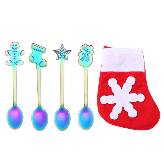 5pcs Creative Christmas Spoons Set Cartoon Stainless Steel Spoons with Bag Tableware for Home Restaurant (4 Colorful Spoons and 1 Boot Shape Bag)