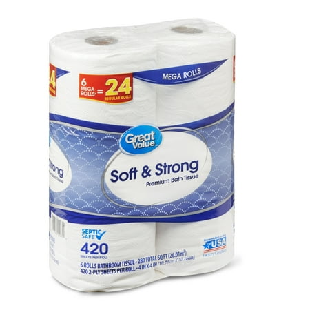 Great Value Soft & Strong Premium Toilet Paper, 6 Mega Rolls - Walmart.com