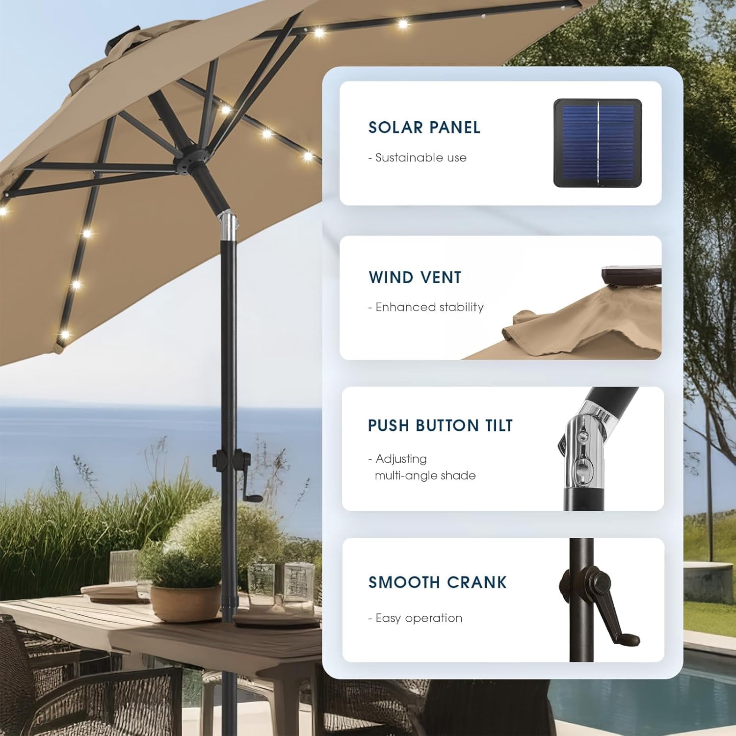Simenmax 10FT Solar Patio Umbrella with 32 LED Lights, Outdoor Umbrellas Market Umbrella with 8 Sturdy Ribs for Market, Beach, Pool, Garden, Backyard,Brown