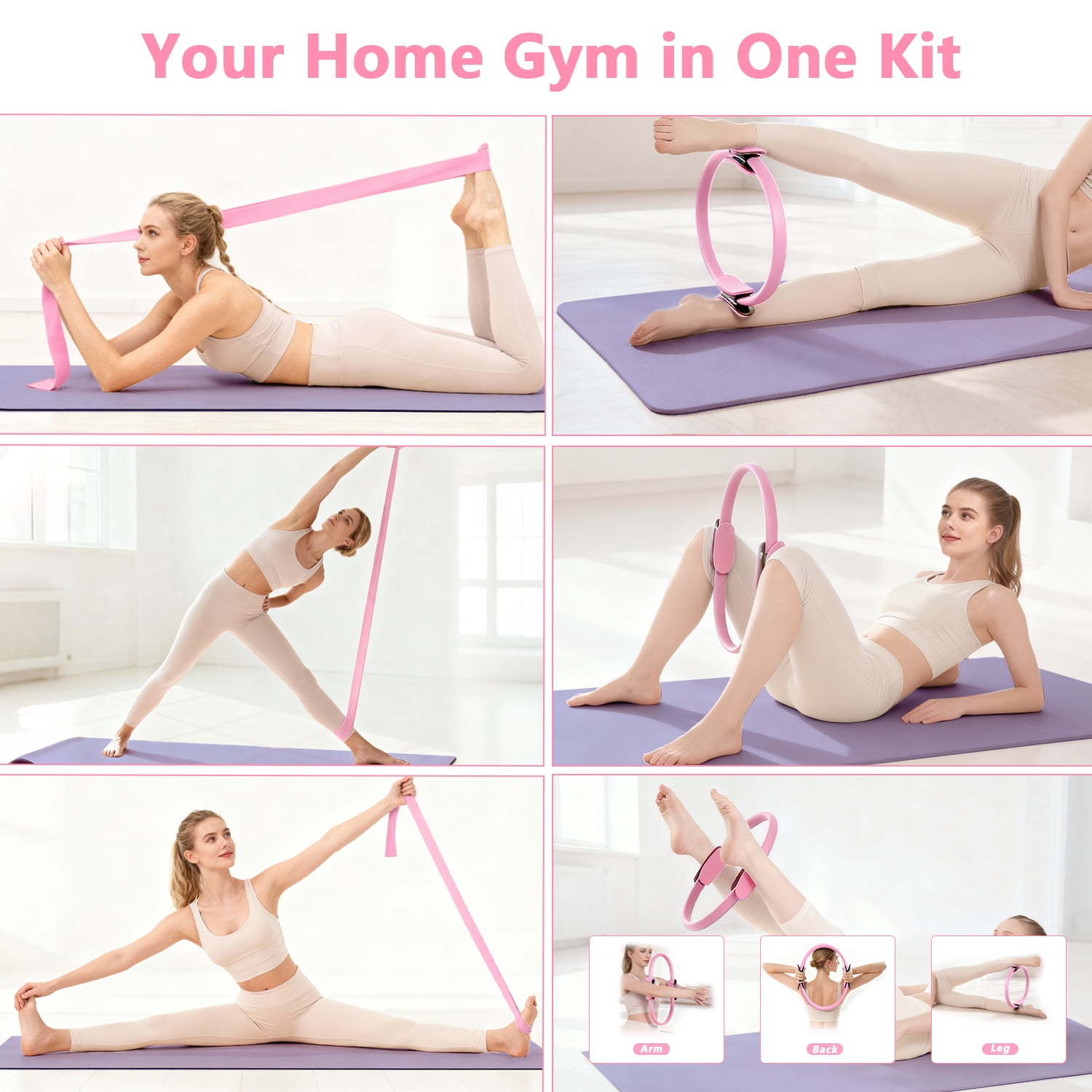 Merryhome  5‑in‑1 Pilates Ring Set – 15" Pilates Ring, 9.8" Mini Ball, 70" Stretch Strap, Resistance Band, NBR Material, Home Workout Kit for Women
