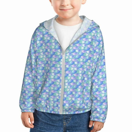

Rash Guard for Boys Girls - blue green pink fish scale Lightweight Long Sleeve Sun Protection Jacket Hooded Cooling Swim Shirt with Zipper for Toddler Kids Children