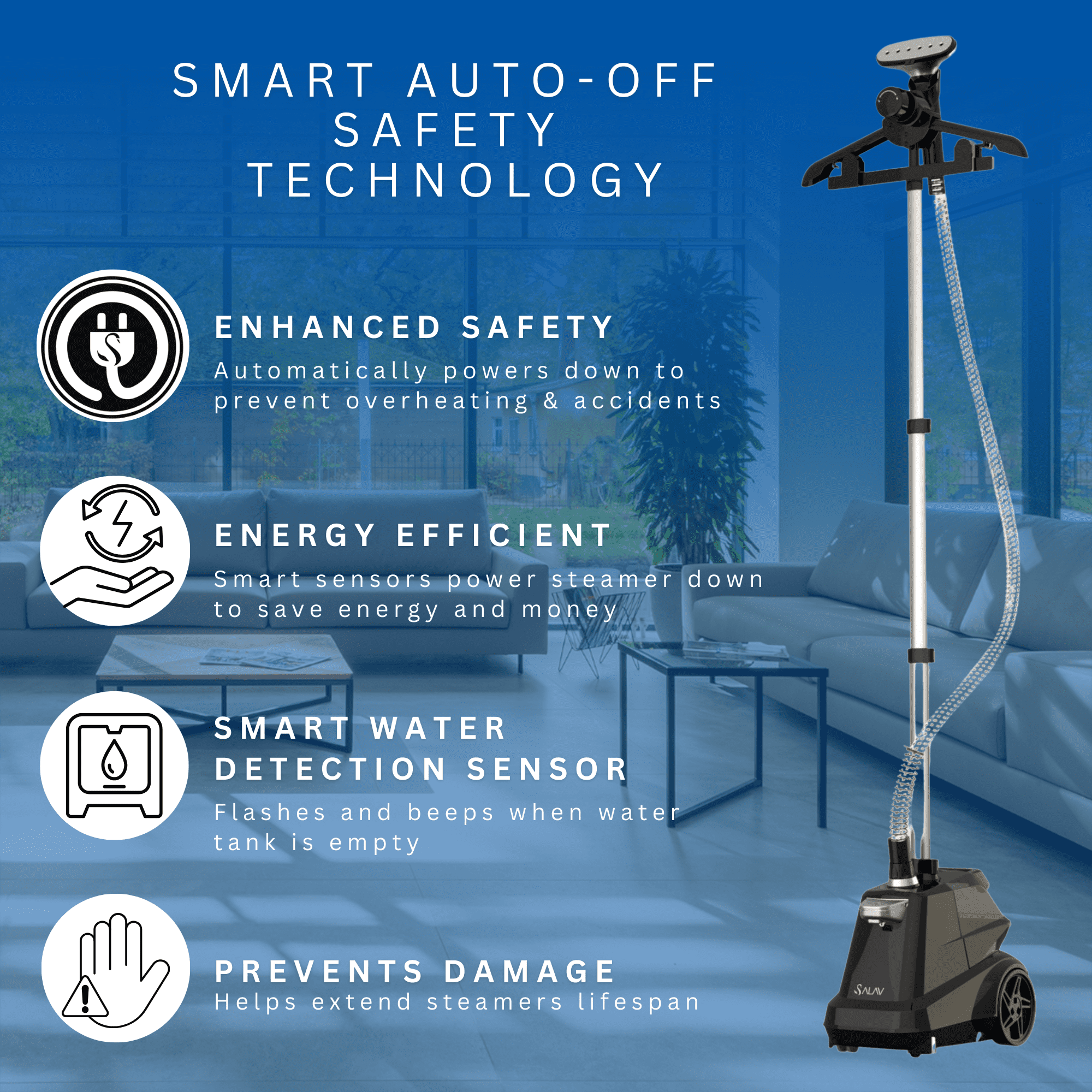 SALAV X3 Commercial-Grade Smart Auto Shut off Garment Steamer with Foot Pedals and Extra Large 3L Water Tank, Navy