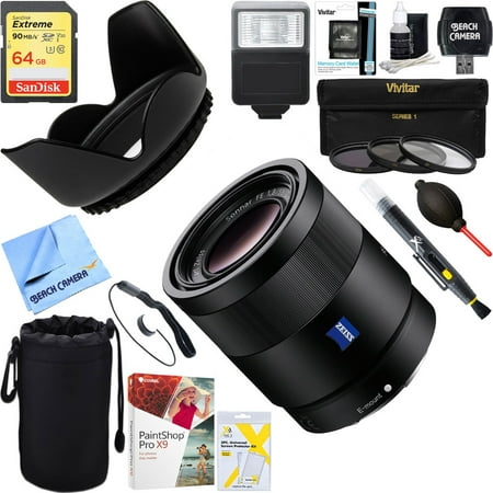 Sony Sonnar T* FE 55mm F1.8 ZA Full Frame Camera E-Mount Lens (SEL55F18Z) + 64GB Ultimate Filter & Flash Photography