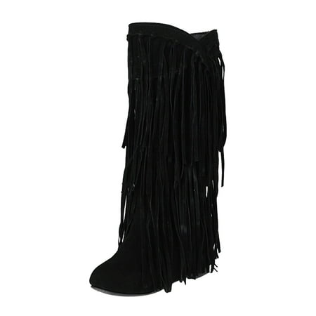 

PMUYBHF Wide Calf Knee High Boots for Women Women S Plus Size Winter Heel Fringe Boots Inside Booster Mid Length Boots Buckle Womens Fall Boots Knee High Black