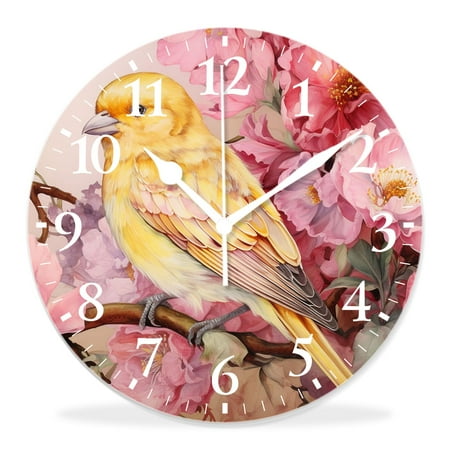 14 Inch Wall Clock Battery Operated Silent Clock Decorative for Office, Kitchen, Outdoor, Living Room,Watercolor Floral Orioles Pattern Iris Cherry Flower Branch Bird Adorable
