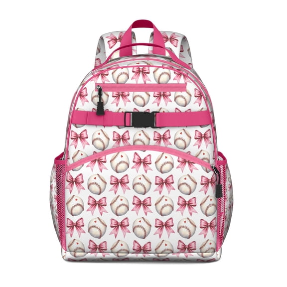 Pink Baseballs and Bows Pattern Backpack for School,Cute School Bag,Schoolbag with Adjustable Shoulder Straps & Padded Back,15.25"x11.5"x5.25"