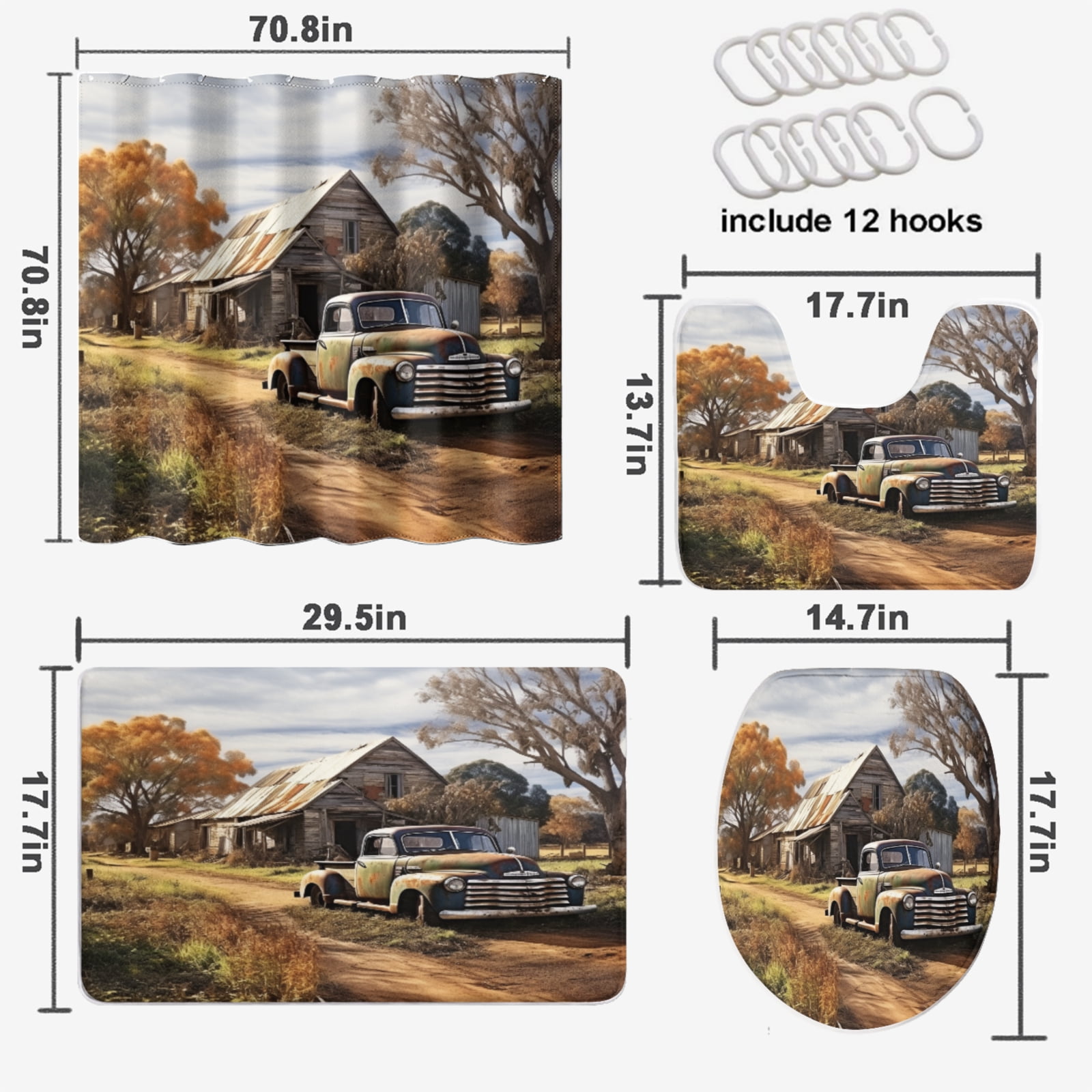 Antique Truck Shower Curtain Set Western Truck Car Rustic Farmhouse Wooden Barn with Non-Slip Rugs, Toilet Lid Cover and Bath Mat, Durable and Waterproof, for Bathroom Decor Set, 72x72 Inch
