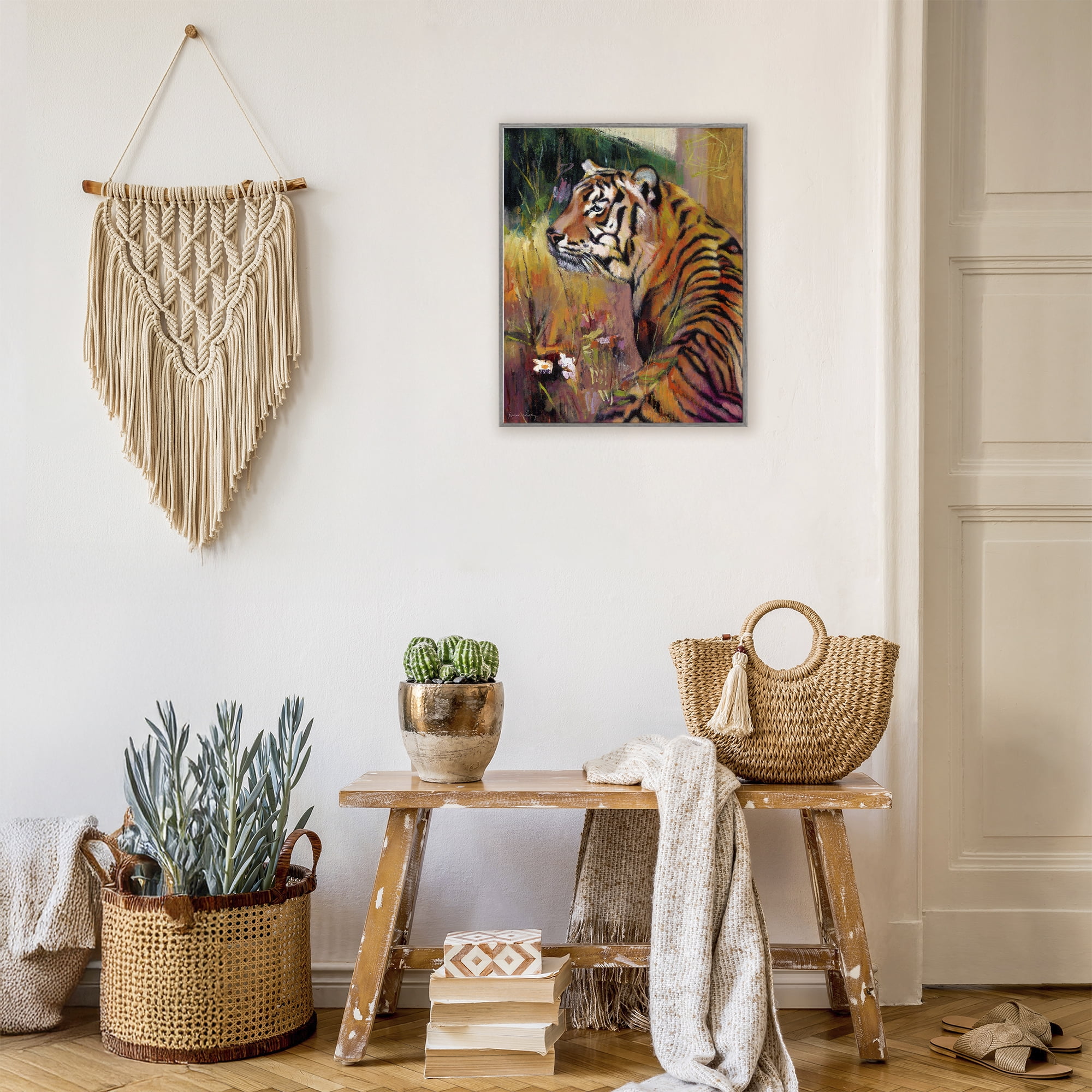 Stupell Industries Patience Tiger in Wait Gray Framed Giclee Art, design by Karen Chang