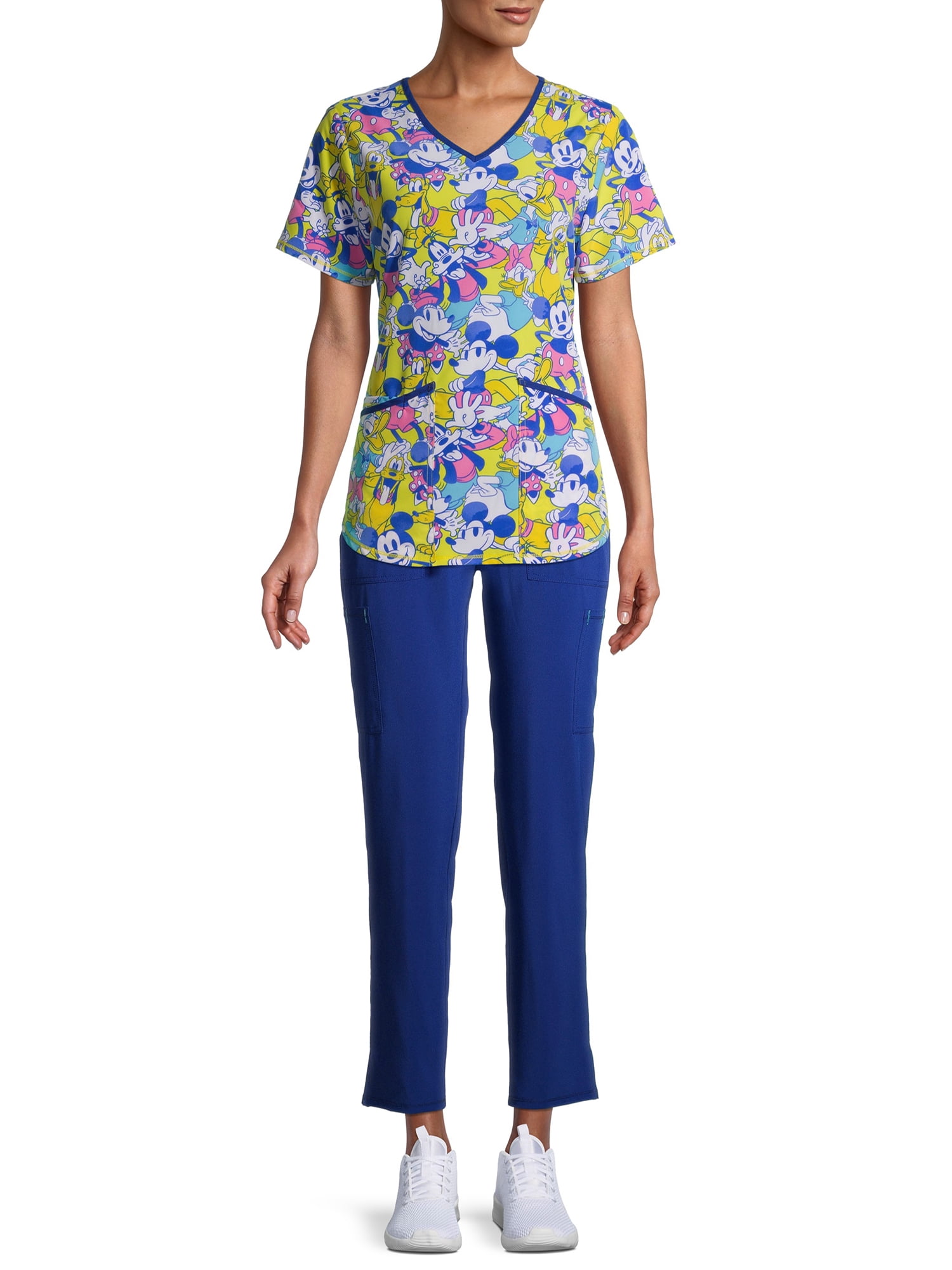 Scrubstar Women's Disney Mickey Mouse and the Sensational Six V-Neck Print Scrub Top