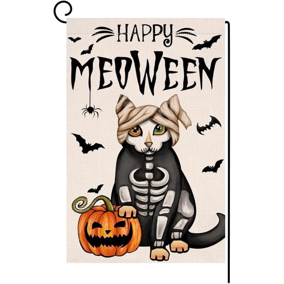 Shmbada Halloween Spooky Cat Garden Flag 12x18 Vertical Double Sided Happy Meoween Pumpkin Fall Holiday Outside Decorations Burlap Yard Flag