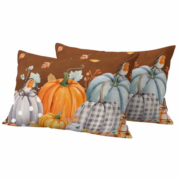 Lumbar Pillow Covers 12 x 20 Inches, Orange Pumpkin Fall Waterproof Throw Pillow Cover Set of 2, Brown Thanksgiving Botanical Farmhouse Decorative Rectangle Cushion Covers for Patio/Tent/Couch/Garden