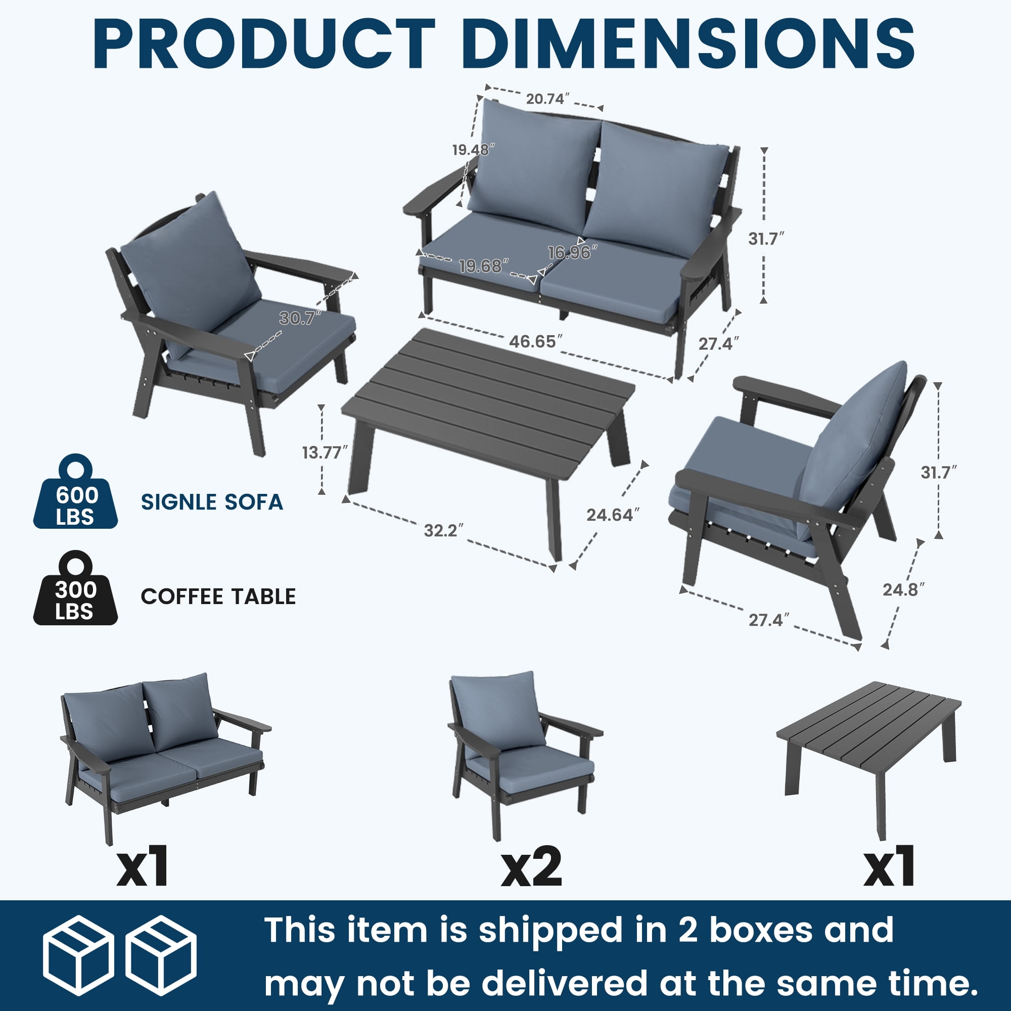 FOOWIN 4-Piece Patio Furniture Set, HDPE Outdoor Conversation Set with 4 Seating & Cushions, Perfect Patio Sofa Set for Garden, Porch, Backyard, Grey Frame with Grey Cushion