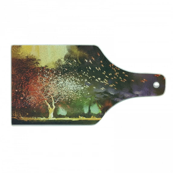 Fantasy Cutting Board, Forest with Mysterious Trees and Birds Supernatural Vivid Wonder World, Decorative Tempered Glass Cutting and Serving Board, Wine Bottle Shape, Yellow Purple, by Ambesonne