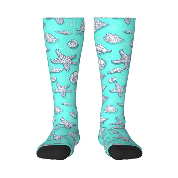 Fotbe Seashell And Starfish Calcetas Divertidas Estampadas para Hombre y Mujer, Calcetas de Algodón hasta la Rodilla para Caminar, Correr, Enfermería y Embarazo