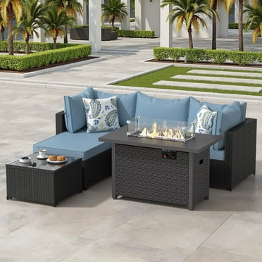 6PCS Outdoor Conversation Sets Waterproof Rattan Sectional Sofa with Fire Pit Table,Blue
