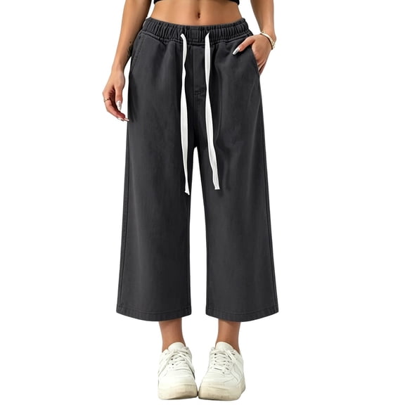 Hueook Straight Leg Jeans for Women Drawstring Elastic Waist Denim Pants with Pockets Casual M