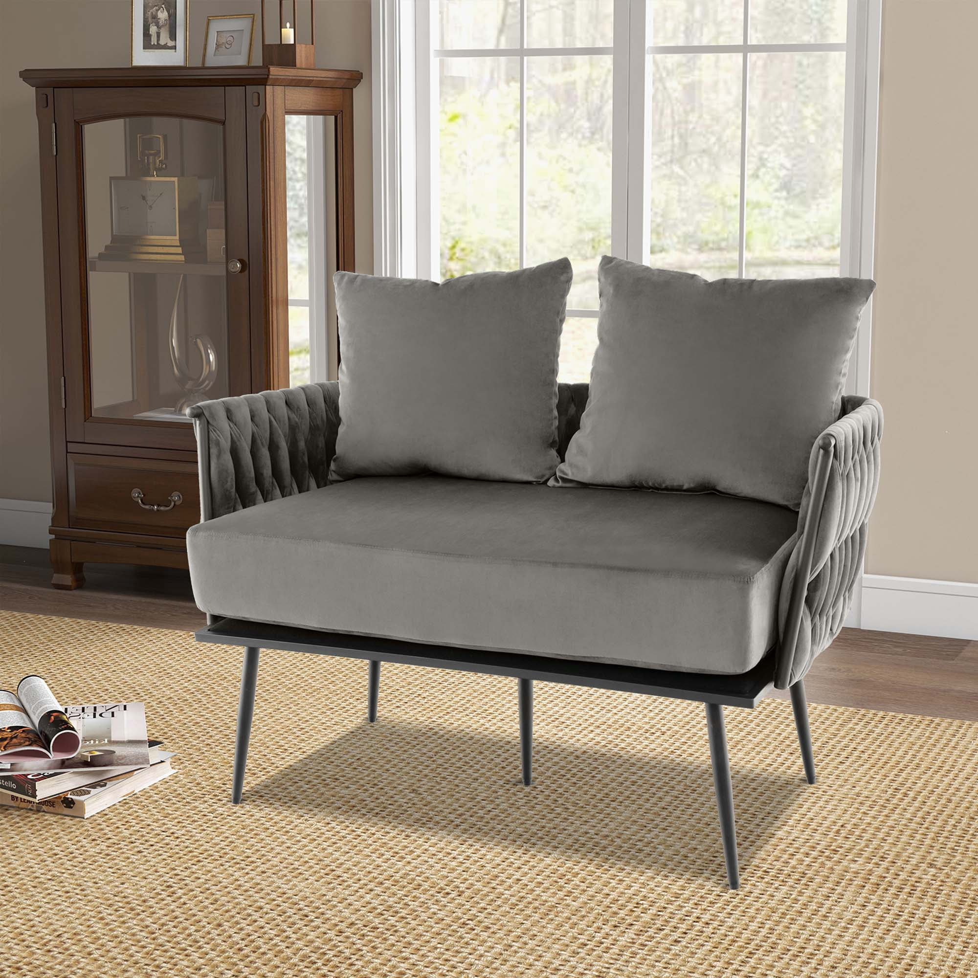 Costway Modern Loveseat Sofa Upholstered Dutch Velvet Couch with Woven Back & Arms Grey