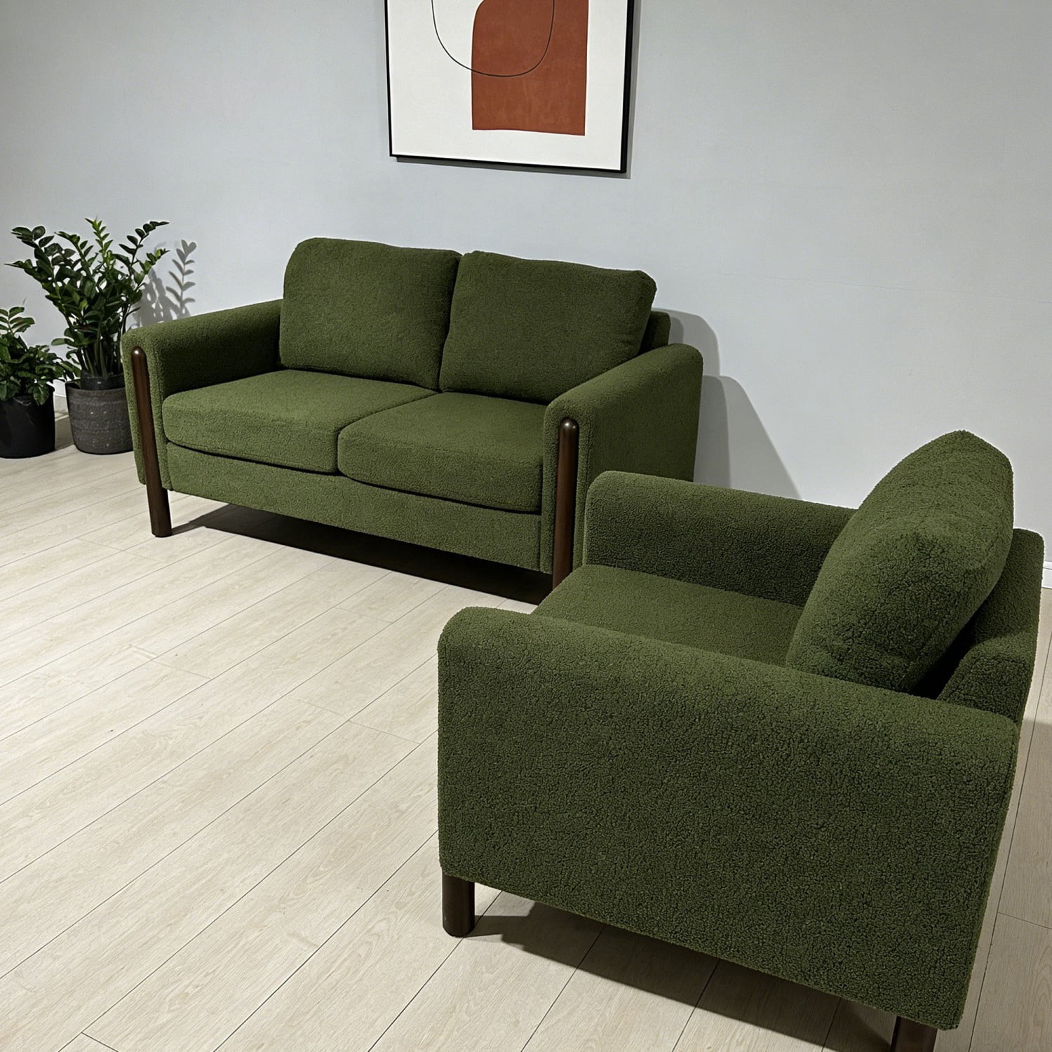 Mid Century Modern 2 Seater Loveseat Sofa Teddy Fabric Upholstered Couch with Walnut Legs and Back Pillows for Living Room Bedroom Office, Green