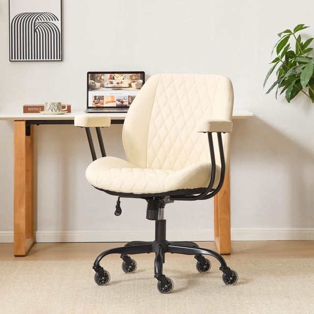 Silla de oficina ergonómica ajustable YFO de cuero crema