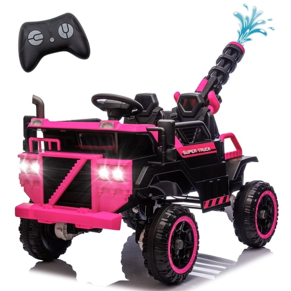 Xuanlur 24V 7AH Ride on Toys w/Spacious 3-Seater, Remote Control, 4WD Kids Electric Car w/Built-in Water Gun, LED Lights & Bluetooth MP3, Ride On Truck Car for Kids, Ideal Kids Car Gift (Pink)