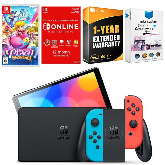 Nintendo Switch Neon Red & Blue OLED Console with Princess Peach: Showtime!, NSO 12 Month Family Membership, MightySkins Console and Controller Skin Voucher, and 1 Year CPS Extended Warranty