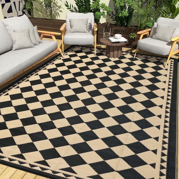 BERTHMEER 6'x9' Outdoor Rugs Plastic Waterproof Patio Rugs Plastic Straw Diamond Checkered Foldable Camping Rugs, Porch, Deck Rugs, RV Rugs for outdoor, Khaki