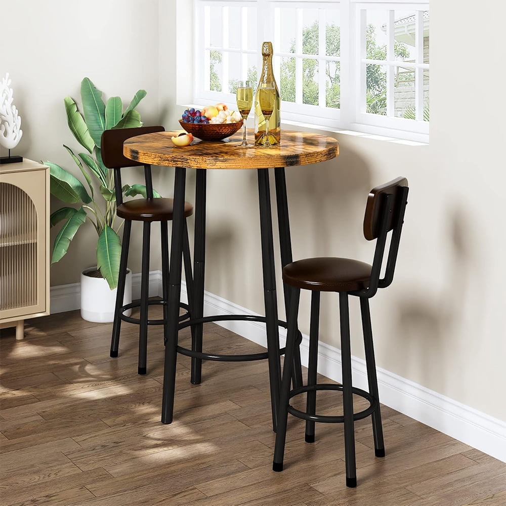 LinkRomat Dining Table Set for 2, Farmhouse Round Kitchen Table with 2 PU Leather Upholstered Stools, Dinette Set for Small Space for Dining Room