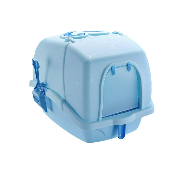 Arenero grande cerrado para gatos, arenero cubierto, suministros para mascotas, protección contra salpicaduras azul