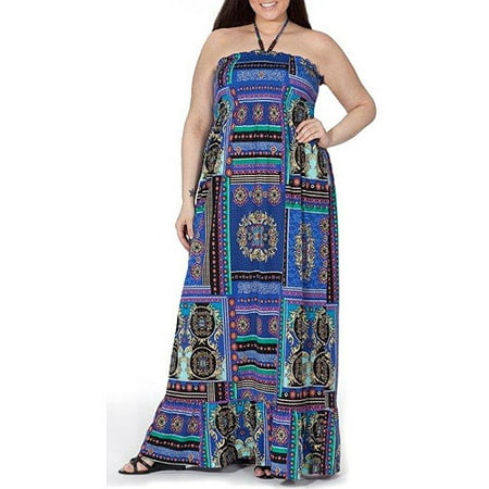 Plus Moda Women's Plus-Size Smocked Knit Maxi Dress with Beaded Straps