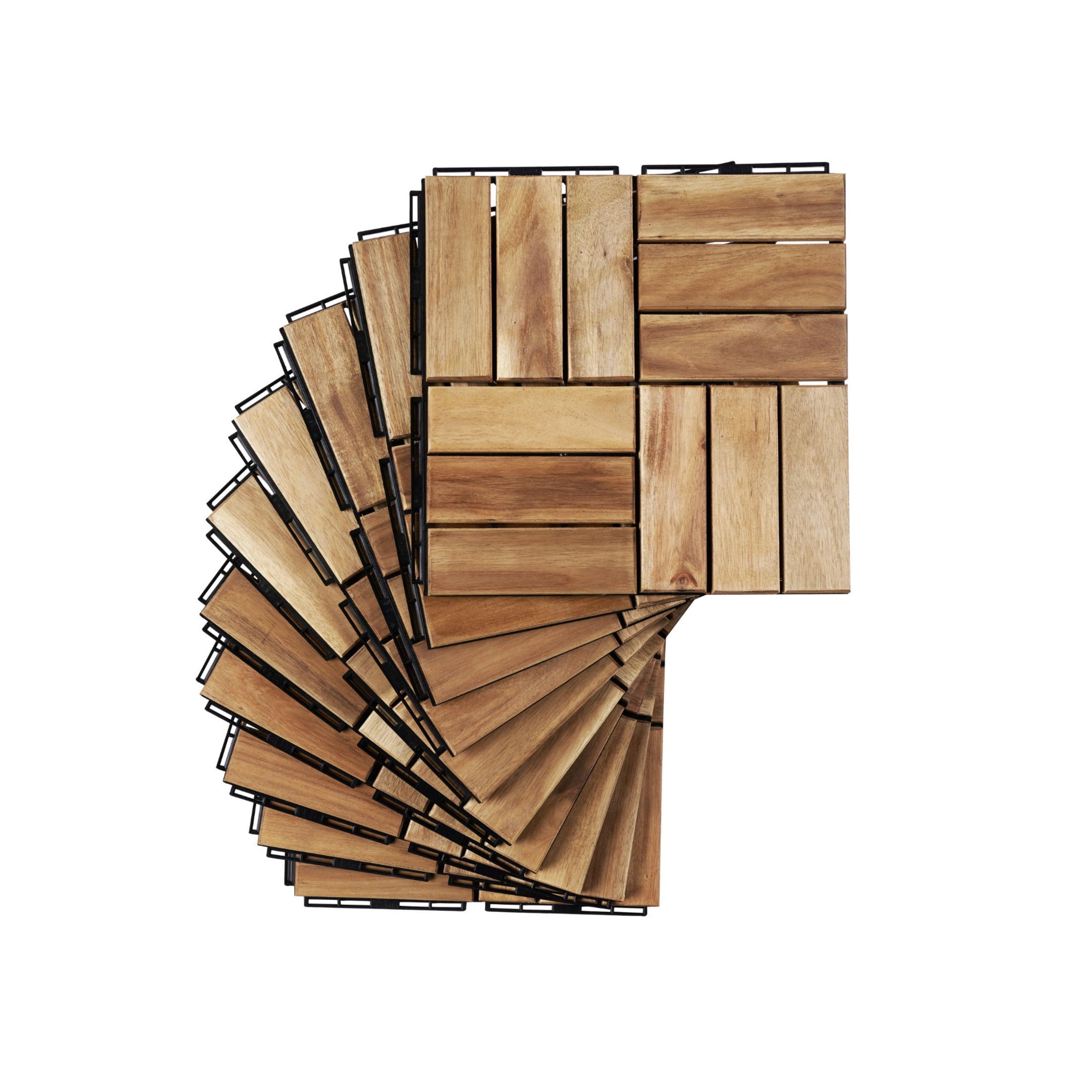 Noble House 12" Checker Acacia Wood Interlocking Deck Tiles, All-Weather Square Hardwood Floor, Yellow, 20 PCS