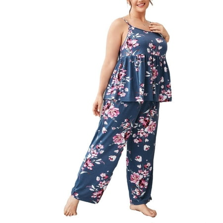 

Elegant Floral Spaghetti Strap Pant Sets Dusty Blue Sleeveless Plus Size Pajama Sets