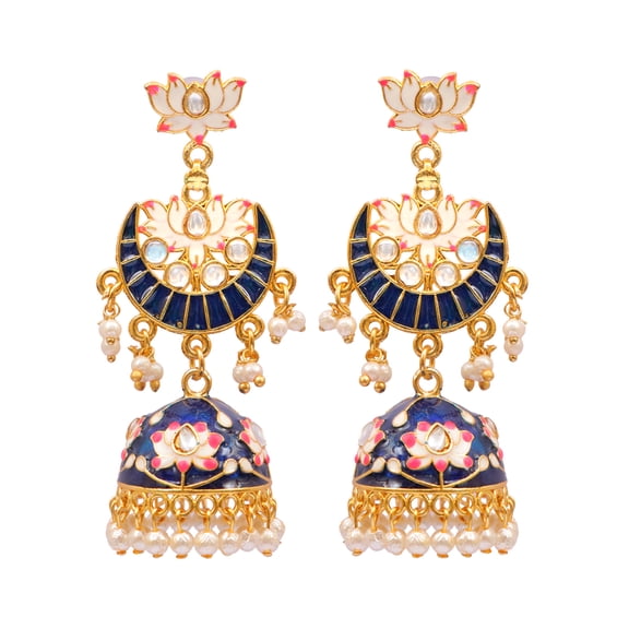 Crunchy Fashion Bollywood Jewellery Traditional Ethnic Bridal Bride Wedding Bridesmaid Gold PLated Indian Lotus Meenakalri Jhumka Jhumki Earrings Jewelry For Women