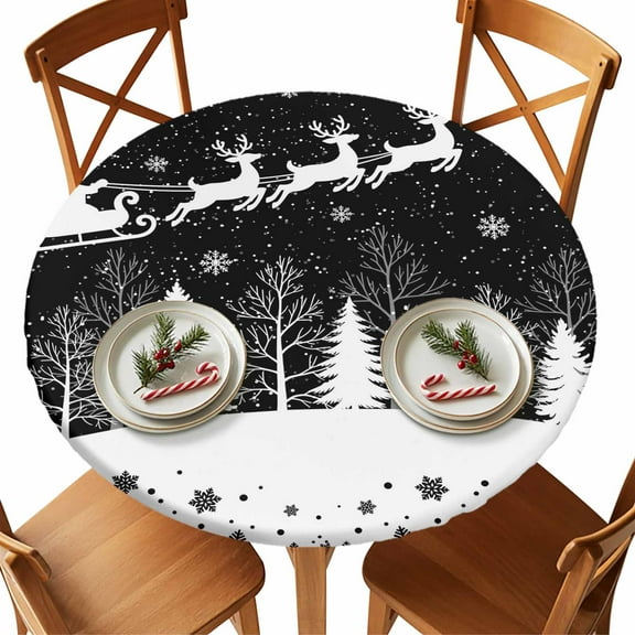 Round Fitted Tablecloths with Elastic Edge Christmas Trees Santa Claus Waterproof Table Cover for Kitchen Dining Party Decor,55" - 60"
