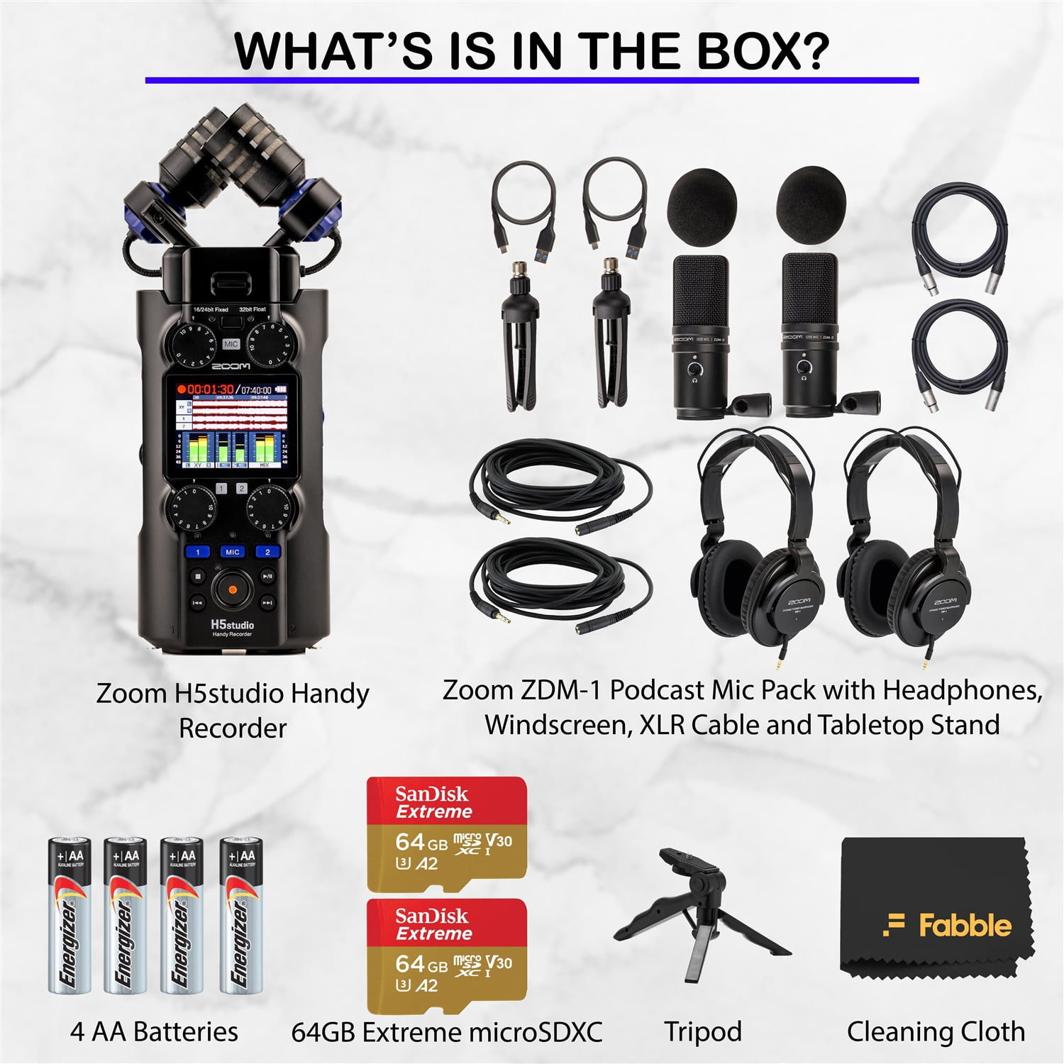 Zoom H5 Studio Handy Recorder Bundle with 2× ZDM-1 Podcast Mic Packs (Dynamic Mics, Headphones, Windscreens, XLR Cables, Stands), 64GB SD Cards, AA Batteries & Tripod Grip